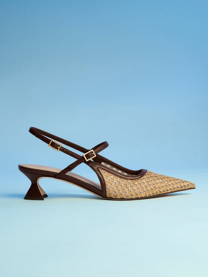 CHARLES & KEITH Essential / Raffia Sculptural-Heel Slingback Pumps - Dark Brown Textured