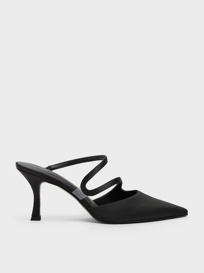 CHARLES & KEITH Sale / Arden Satin Pointed Wavy Heeled Mules - Black Textured