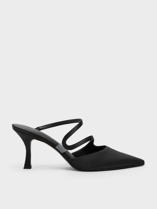 CHARLES & KEITH Sale / Arden Satin Pointed Wavy Heeled Mules - Black Textured