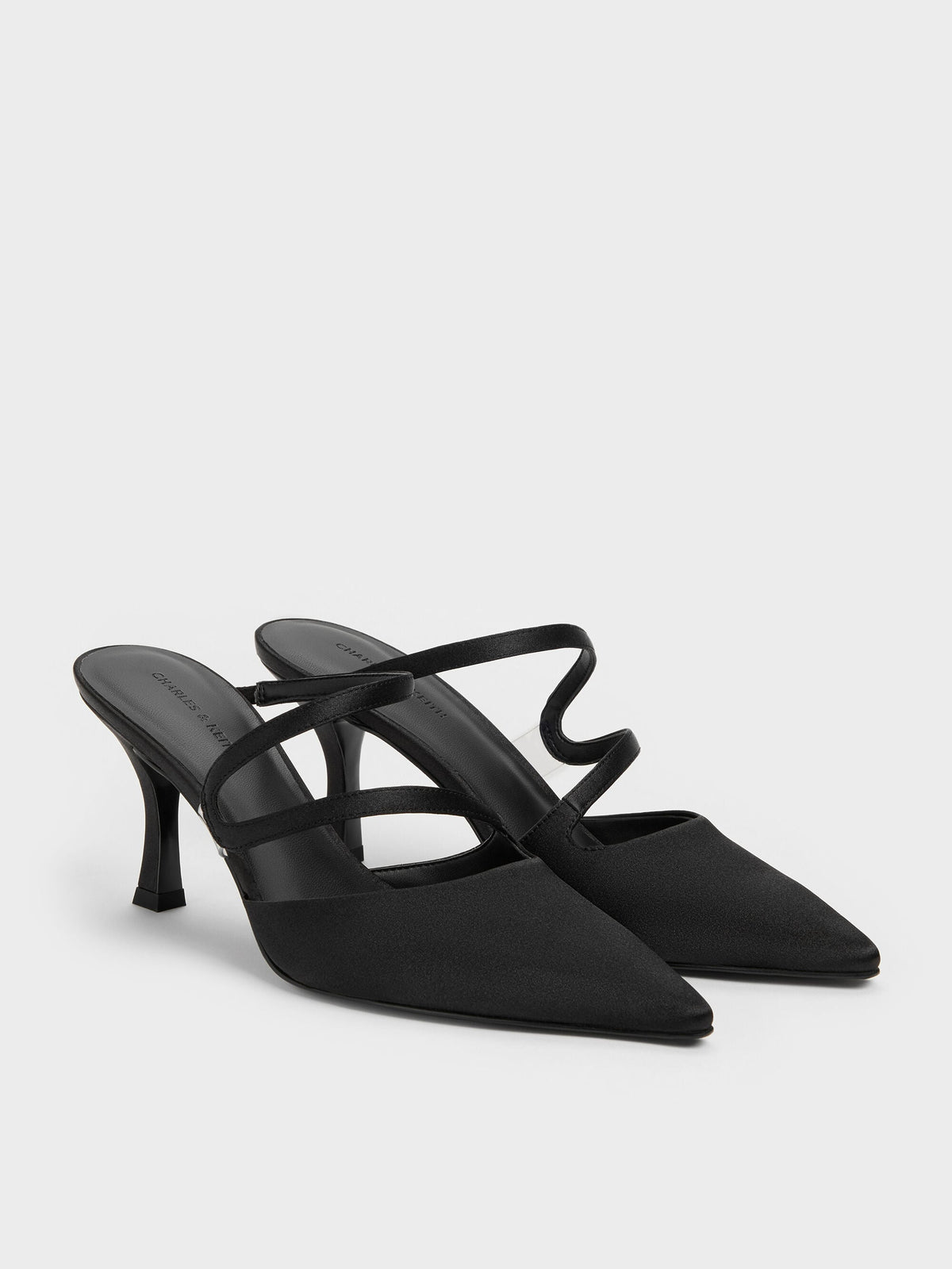 CHARLES & KEITH Sale / Arden Satin Pointed Wavy Heeled Mules - Black Textured