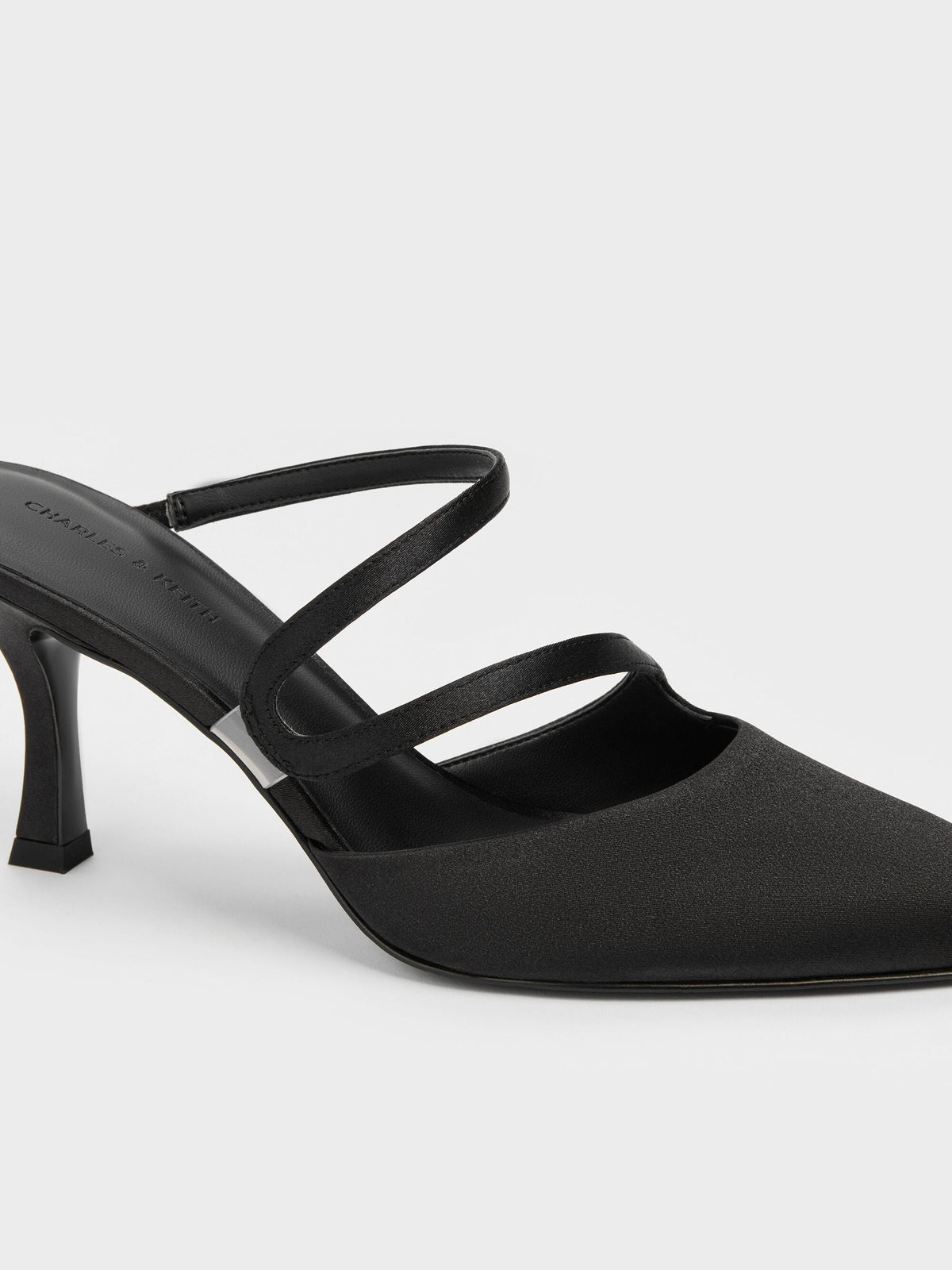 CHARLES & KEITH Sale / Arden Satin Pointed Wavy Heeled Mules - Black Textured