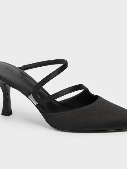 CHARLES & KEITH Sale / Arden Satin Pointed Wavy Heeled Mules - Black Textured