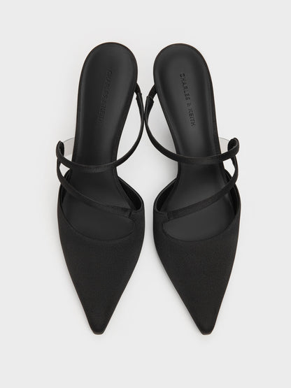 CHARLES & KEITH Sale / Arden Satin Pointed Wavy Heeled Mules - Black Textured