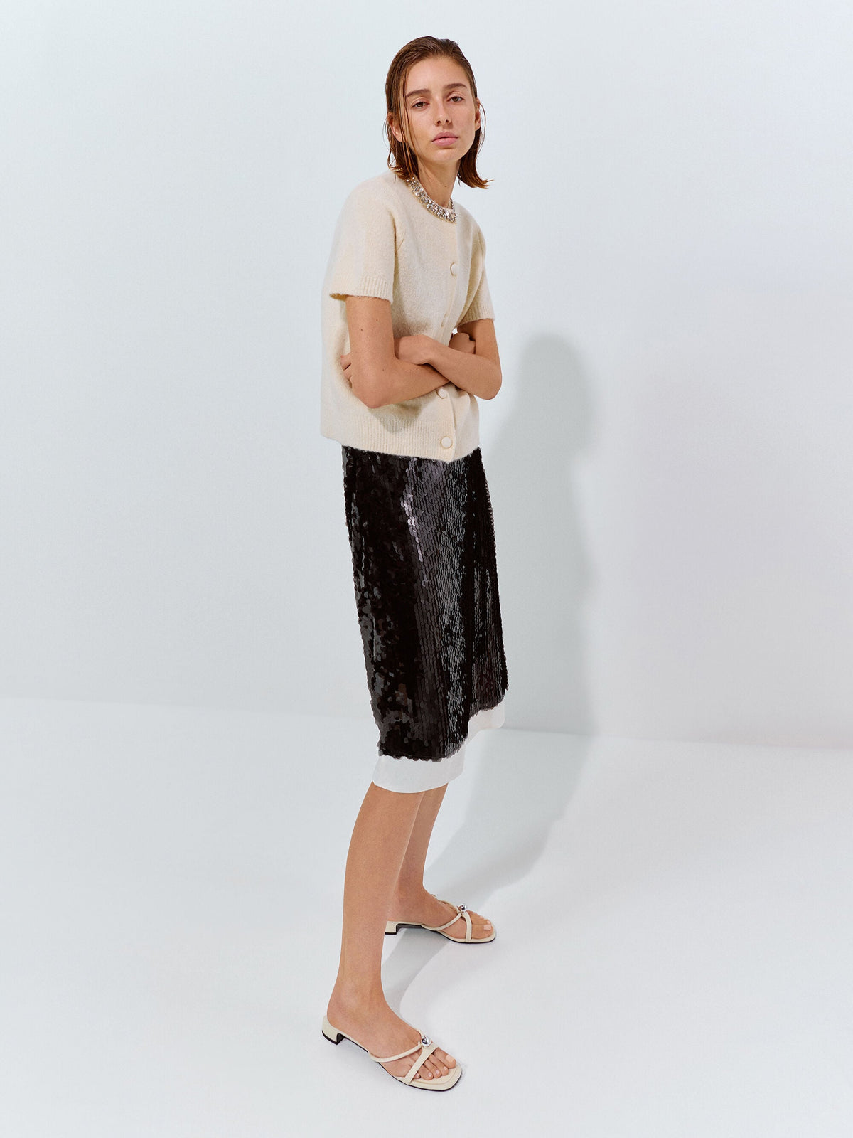 CHARLES & KEITH Hot Sale / Georgie Linen Metal-Ball Heeled Mules - Chalk