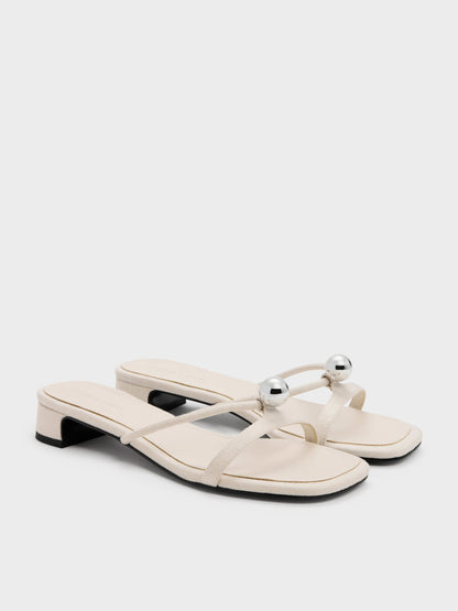 CHARLES & KEITH Hot Sale / Georgie Linen Metal-Ball Heeled Mules - Chalk