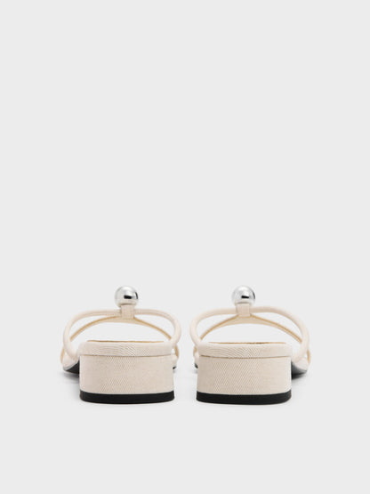 CHARLES & KEITH Hot Sale / Georgie Linen Metal-Ball Heeled Mules - Chalk