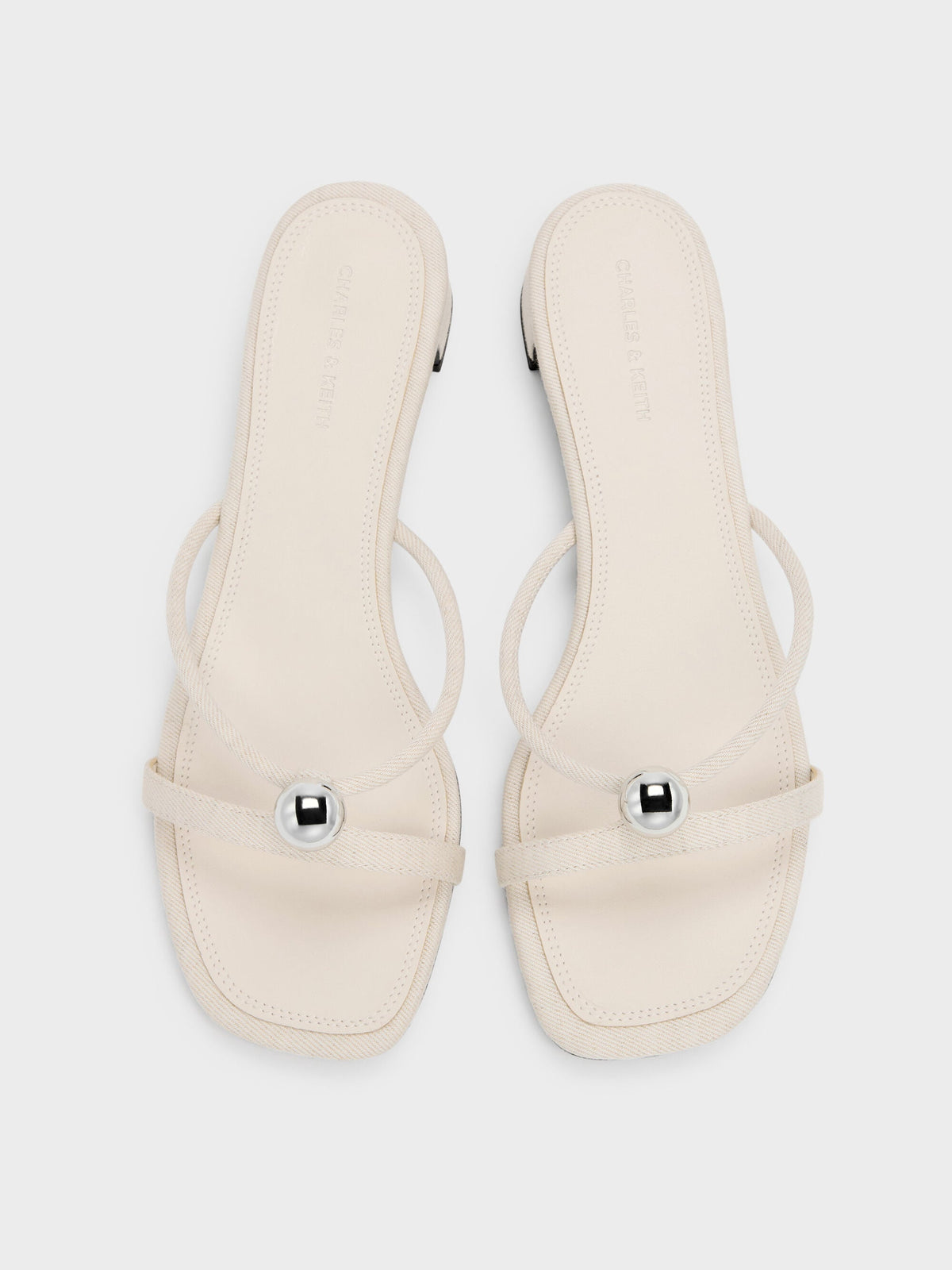 CHARLES & KEITH Hot Sale / Georgie Linen Metal-Ball Heeled Mules - Chalk