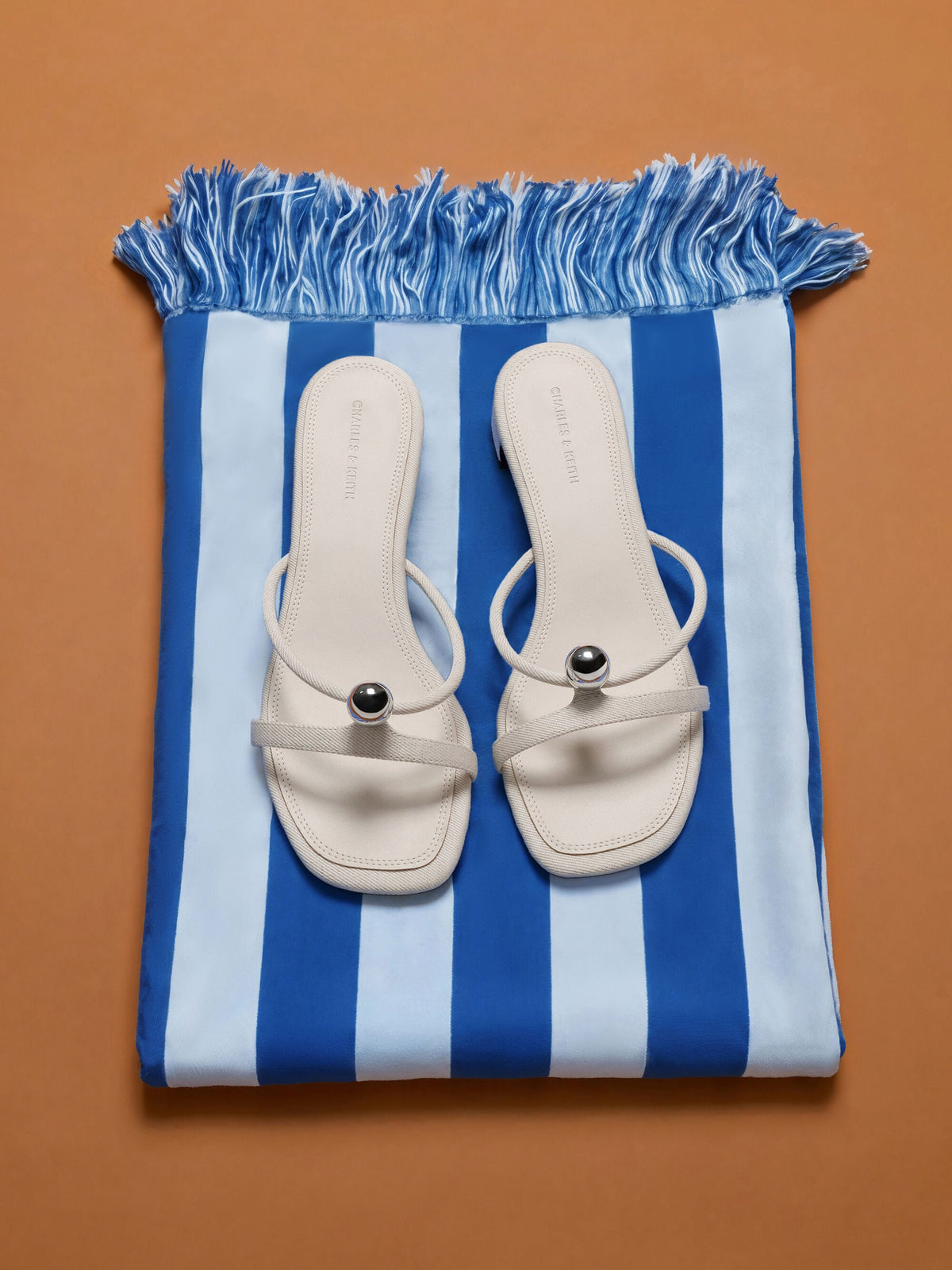 CHARLES & KEITH Hot Sale / Georgie Linen Metal-Ball Heeled Mules - Chalk