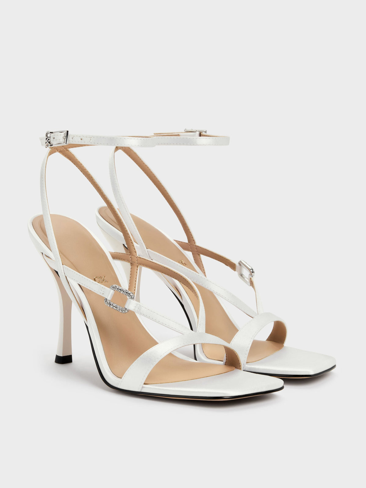CHARLES & KEITH Discount / Crystal-Buckle Ankle-Strap Heels - White