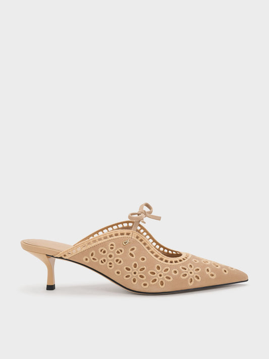 CHARLES & KEITH Sale / Leather Embroidered Heeled Mules - Beige