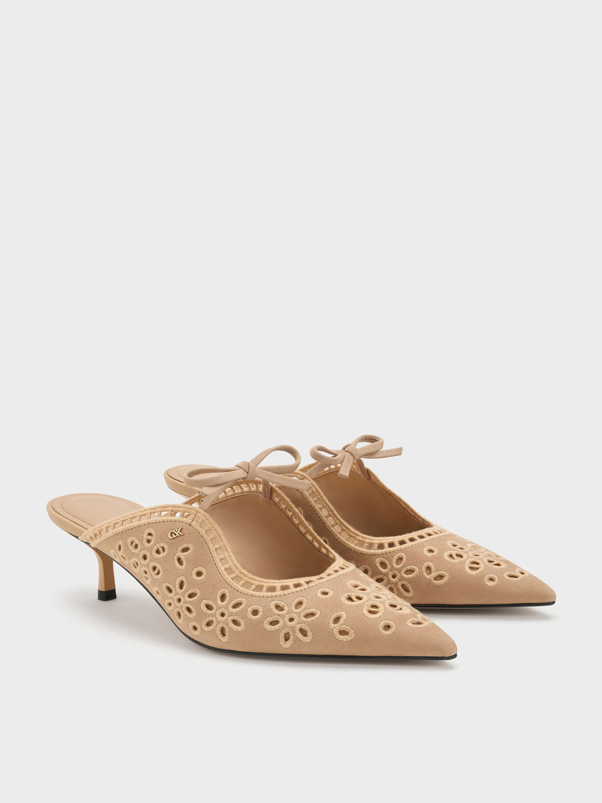 CHARLES & KEITH Sale / Leather Embroidered Heeled Mules - Beige