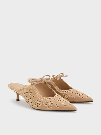 CHARLES & KEITH Sale / Leather Embroidered Heeled Mules - Beige