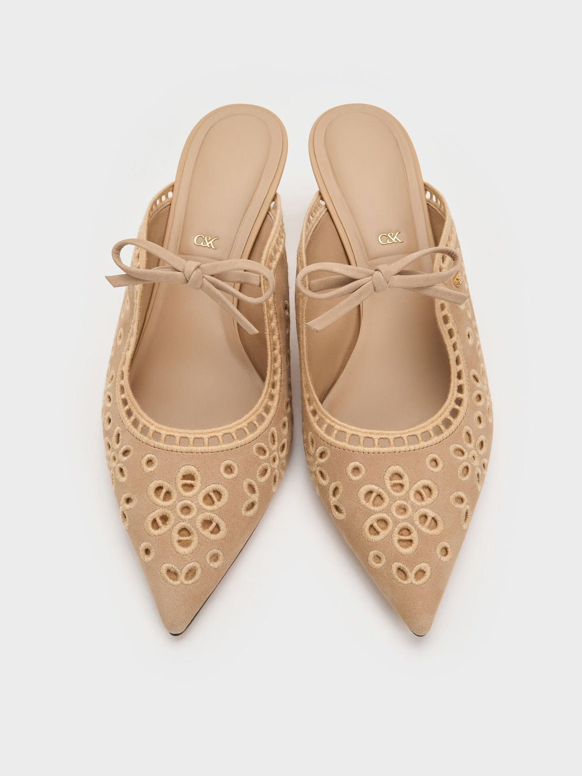 CHARLES & KEITH Sale / Leather Embroidered Heeled Mules - Beige