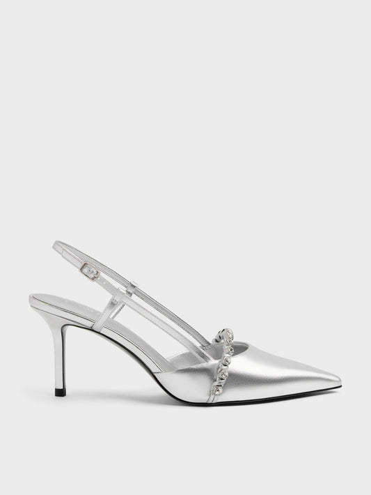 CHARLES & KEITH Quality / Metallic Crystal Slingback Pumps - Silver