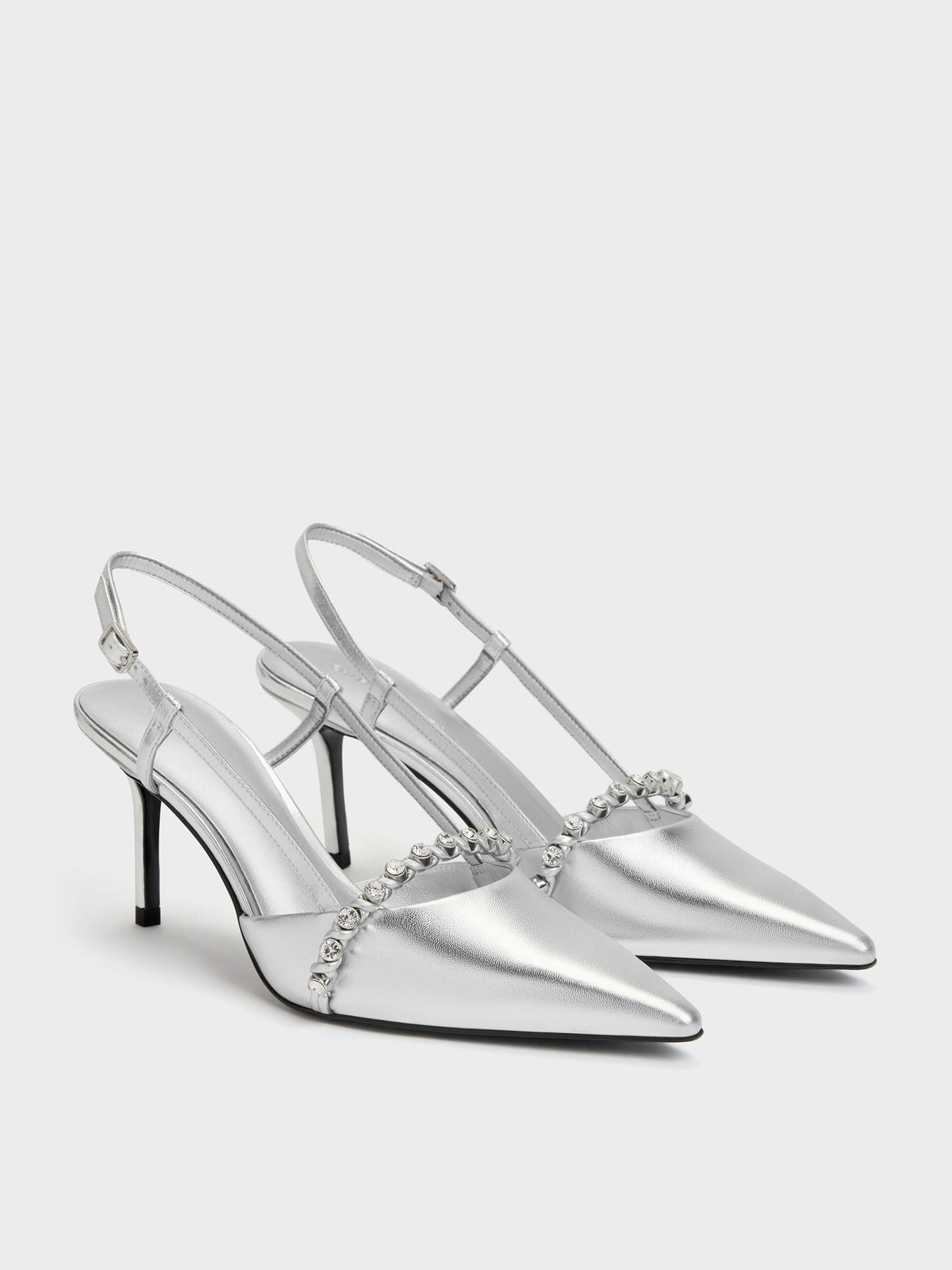 CHARLES & KEITH Quality / Metallic Crystal Slingback Pumps - Silver