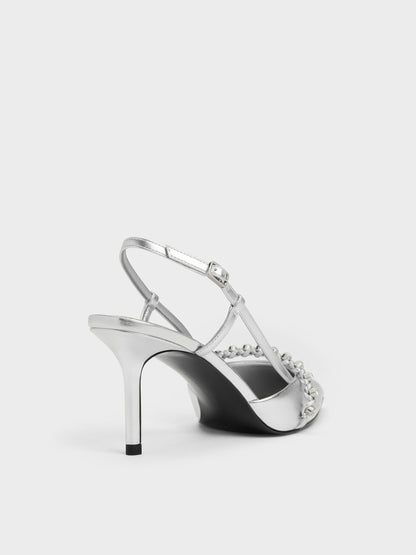 CHARLES & KEITH Quality / Metallic Crystal Slingback Pumps - Silver