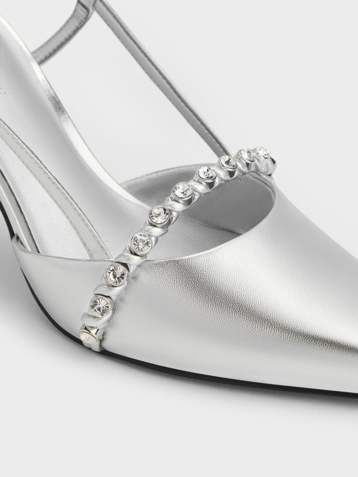 CHARLES & KEITH Quality / Metallic Crystal Slingback Pumps - Silver