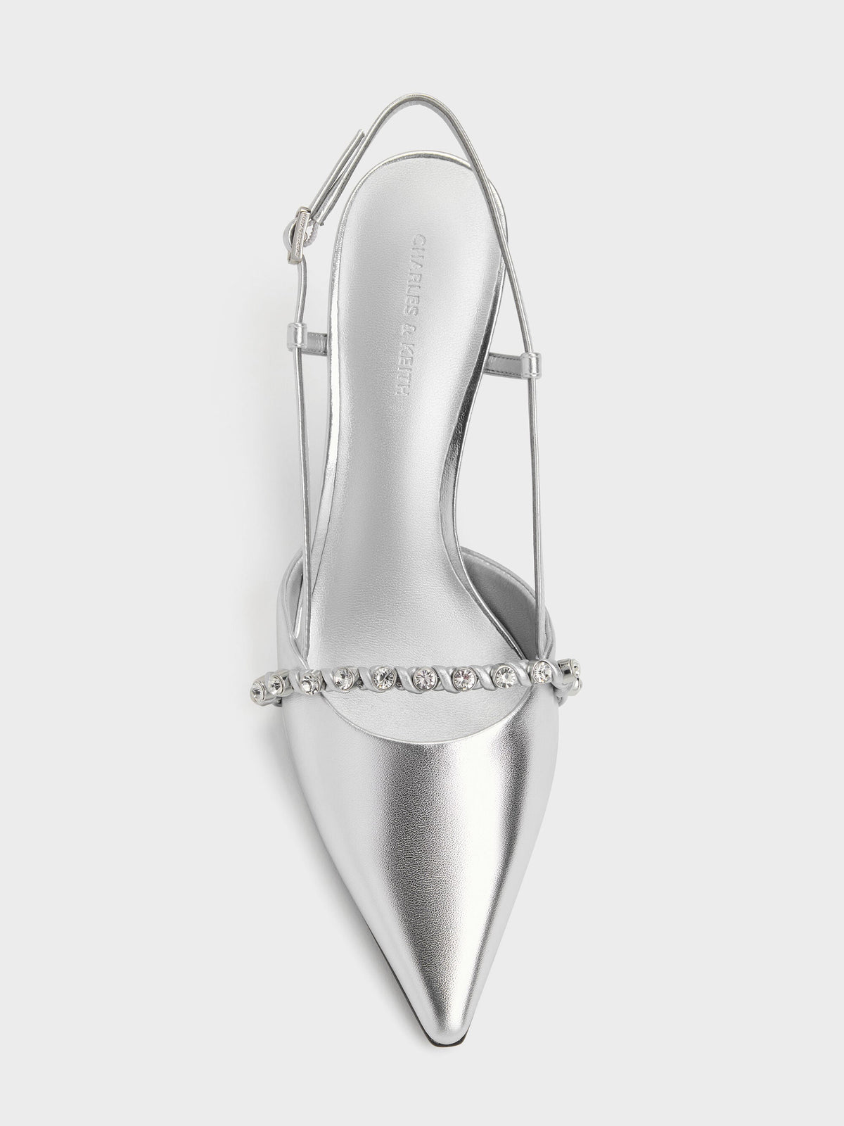 CHARLES & KEITH Quality / Metallic Crystal Slingback Pumps - Silver