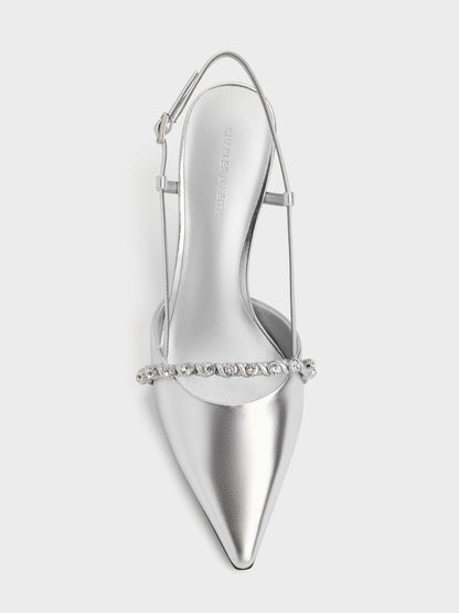 CHARLES & KEITH Quality / Metallic Crystal Slingback Pumps - Silver