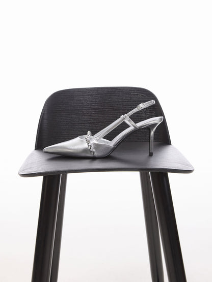 CHARLES & KEITH Quality / Metallic Crystal Slingback Pumps - Silver