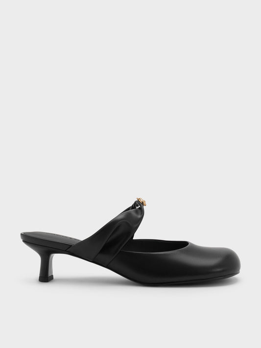 CHARLES & KEITH Smart Buy / Metallic-Accent Twisted-Strap Heeled Mules - Black