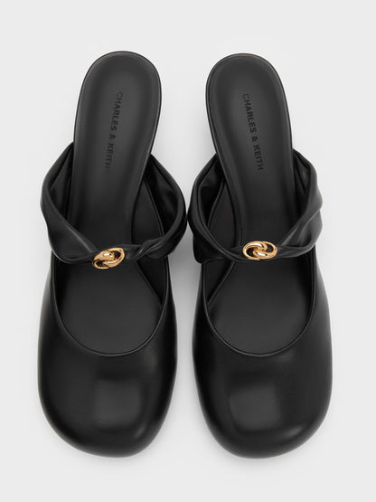 CHARLES & KEITH Smart Buy / Metallic-Accent Twisted-Strap Heeled Mules - Black