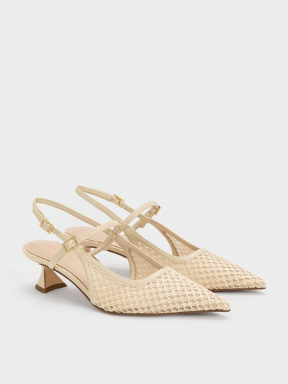 CHARLES & KEITH Great Value / Raffia Sculptural-Heel Slingback Pumps - Beige
