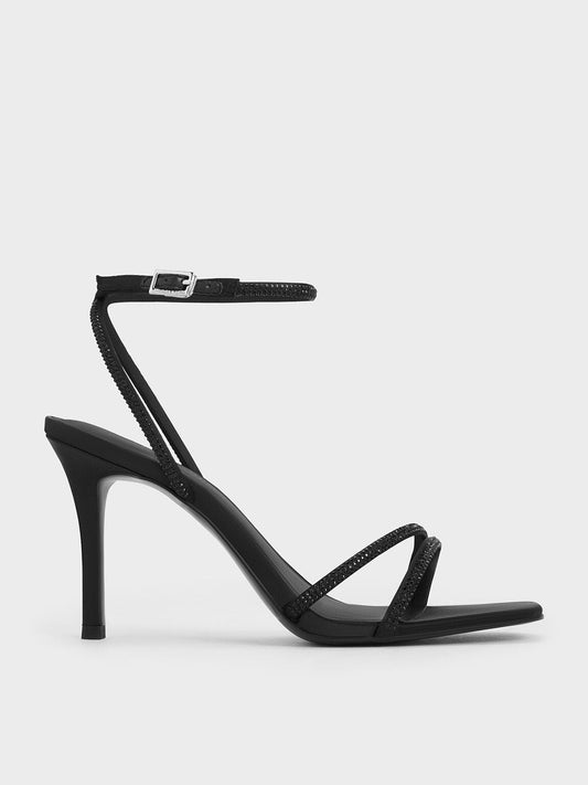CHARLES & KEITH Exclusive / Satin Crystal-Embellished Asymmetric Heeled Sandals - Black Textured