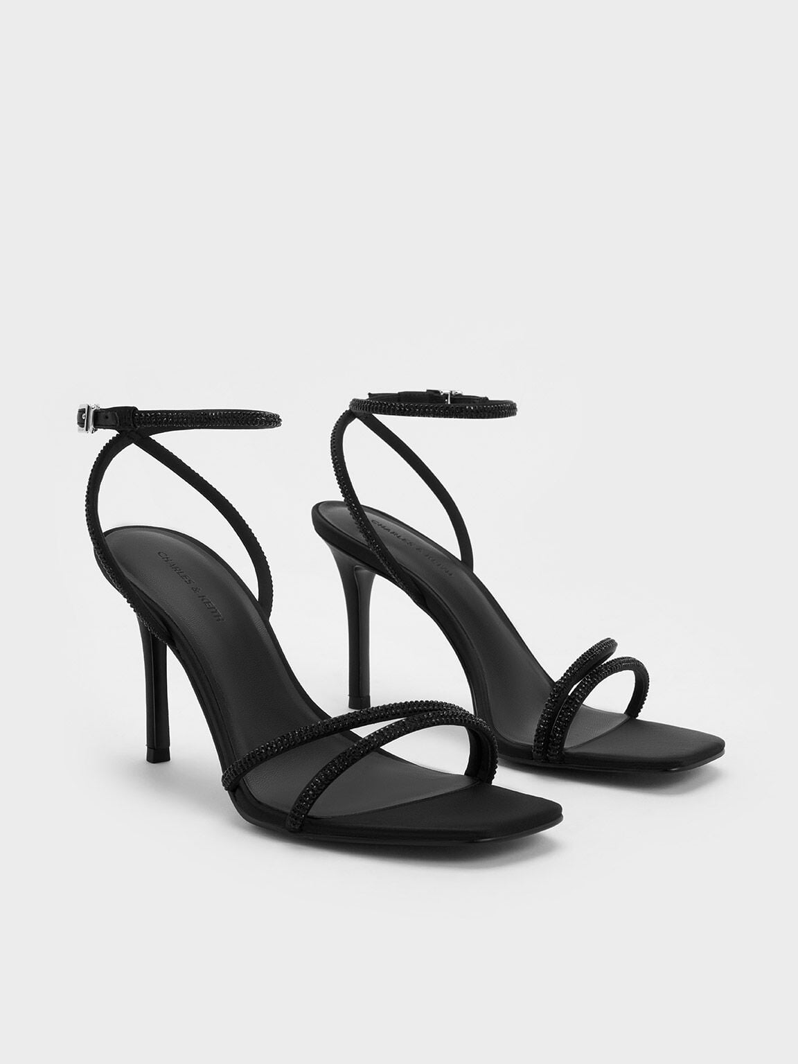 CHARLES & KEITH Exclusive / Satin Crystal-Embellished Asymmetric Heeled Sandals - Black Textured