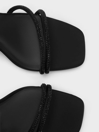 CHARLES & KEITH Exclusive / Satin Crystal-Embellished Asymmetric Heeled Sandals - Black Textured