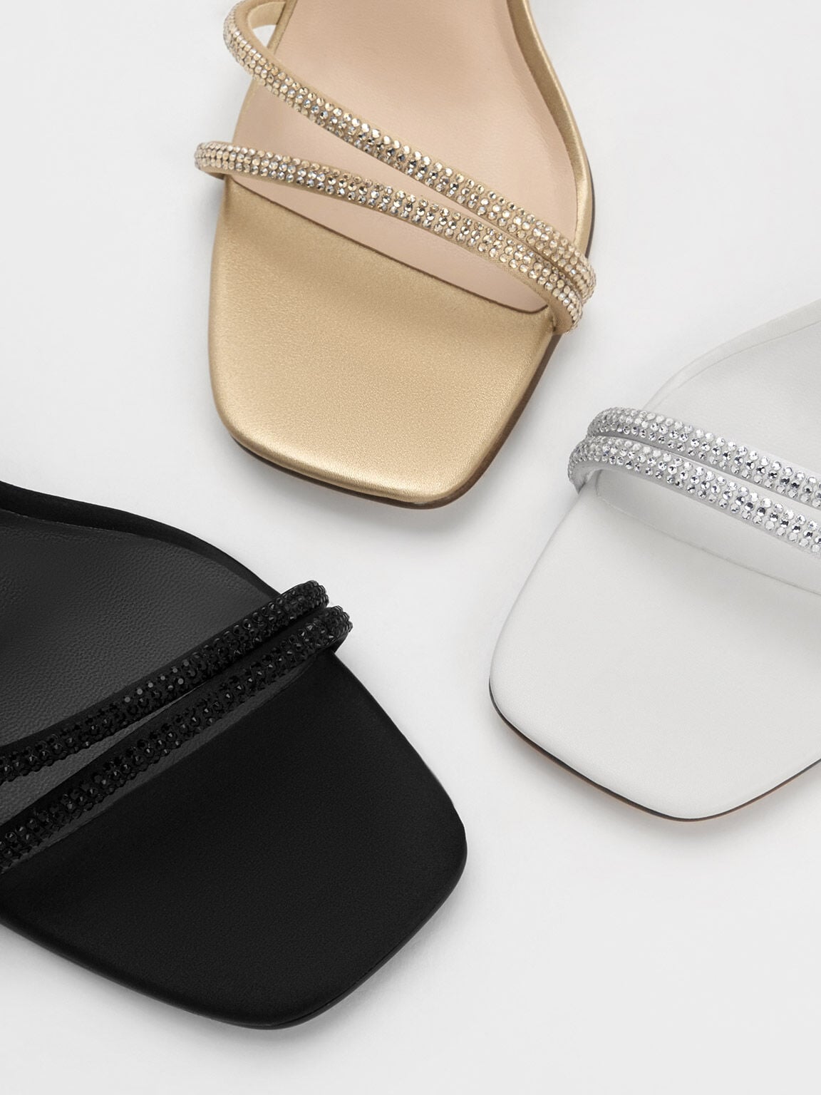 CHARLES & KEITH Exclusive / Satin Crystal-Embellished Asymmetric Heeled Sandals - Black Textured