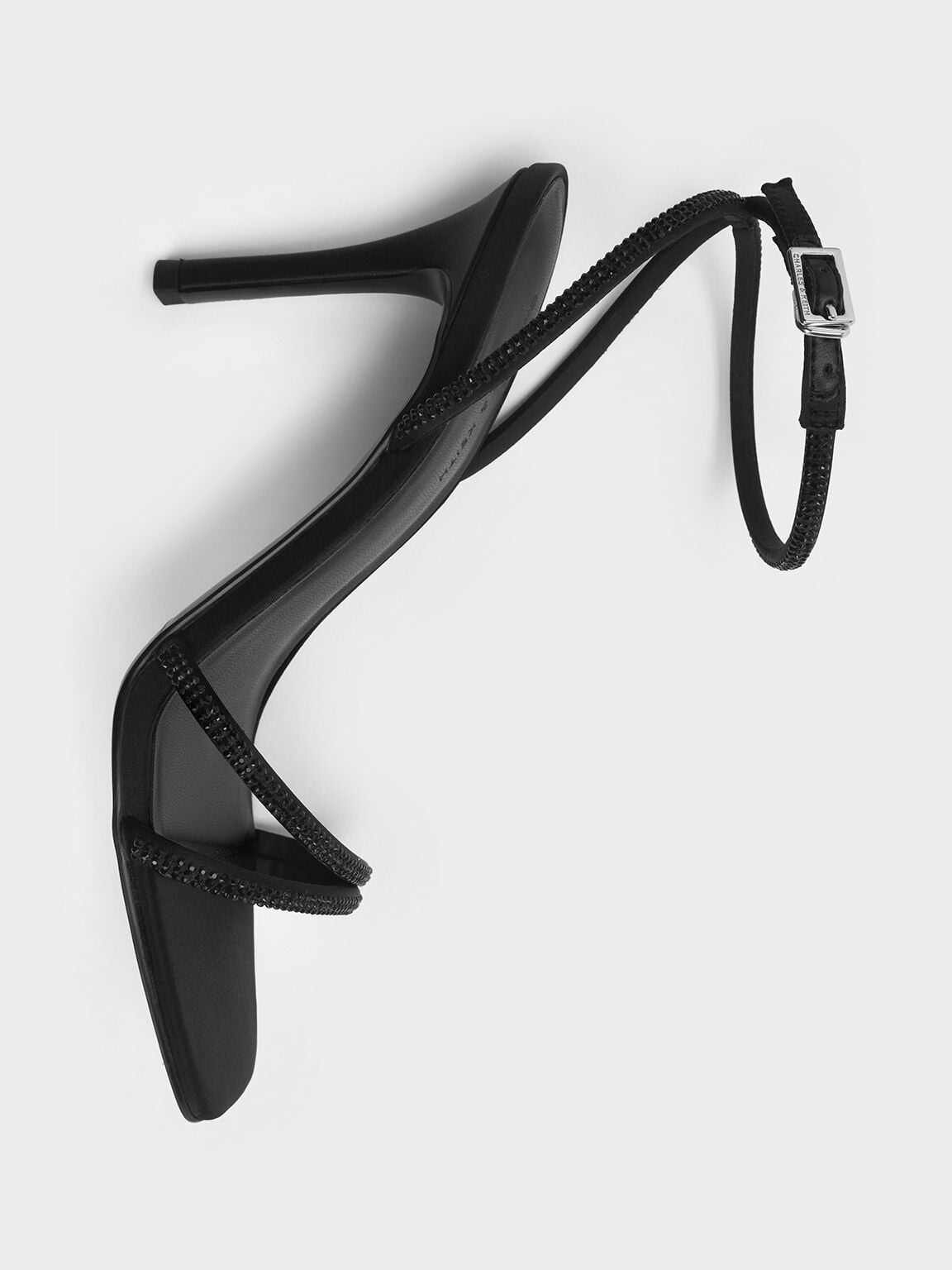 CHARLES & KEITH Exclusive / Satin Crystal-Embellished Asymmetric Heeled Sandals - Black Textured