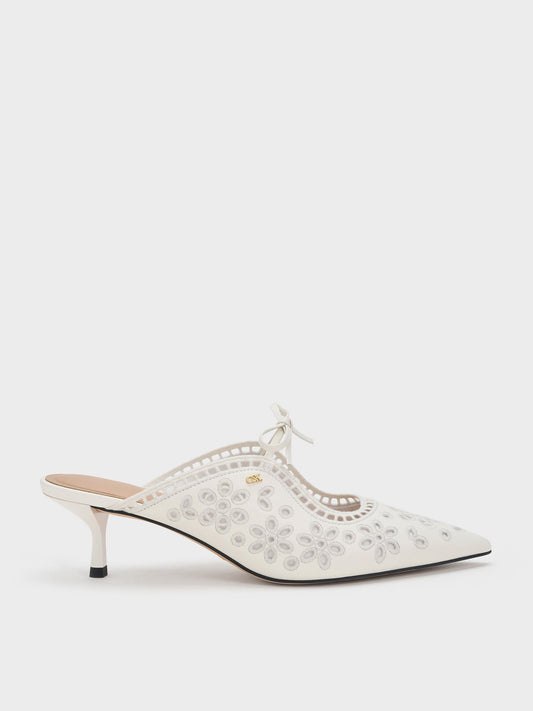 CHARLES & KEITH Hot Sale / Leather Embroidered Heeled Mules - White
