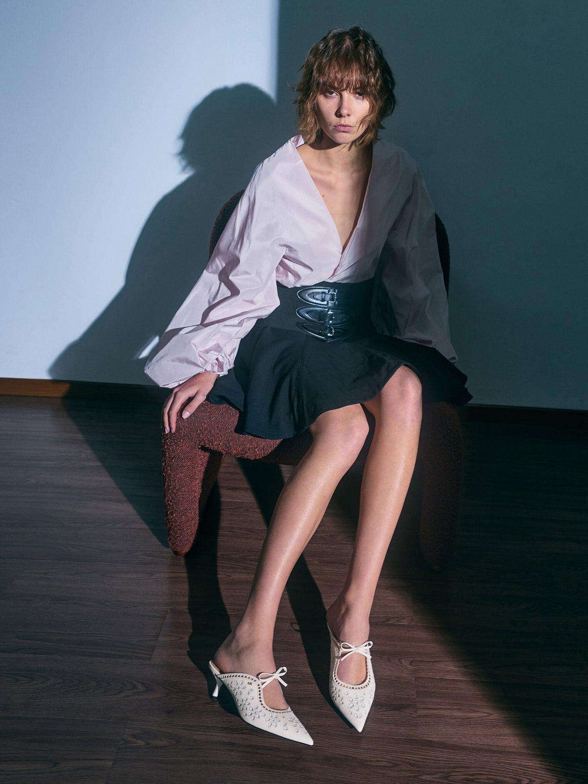 CHARLES & KEITH Hot Sale / Leather Embroidered Heeled Mules - White
