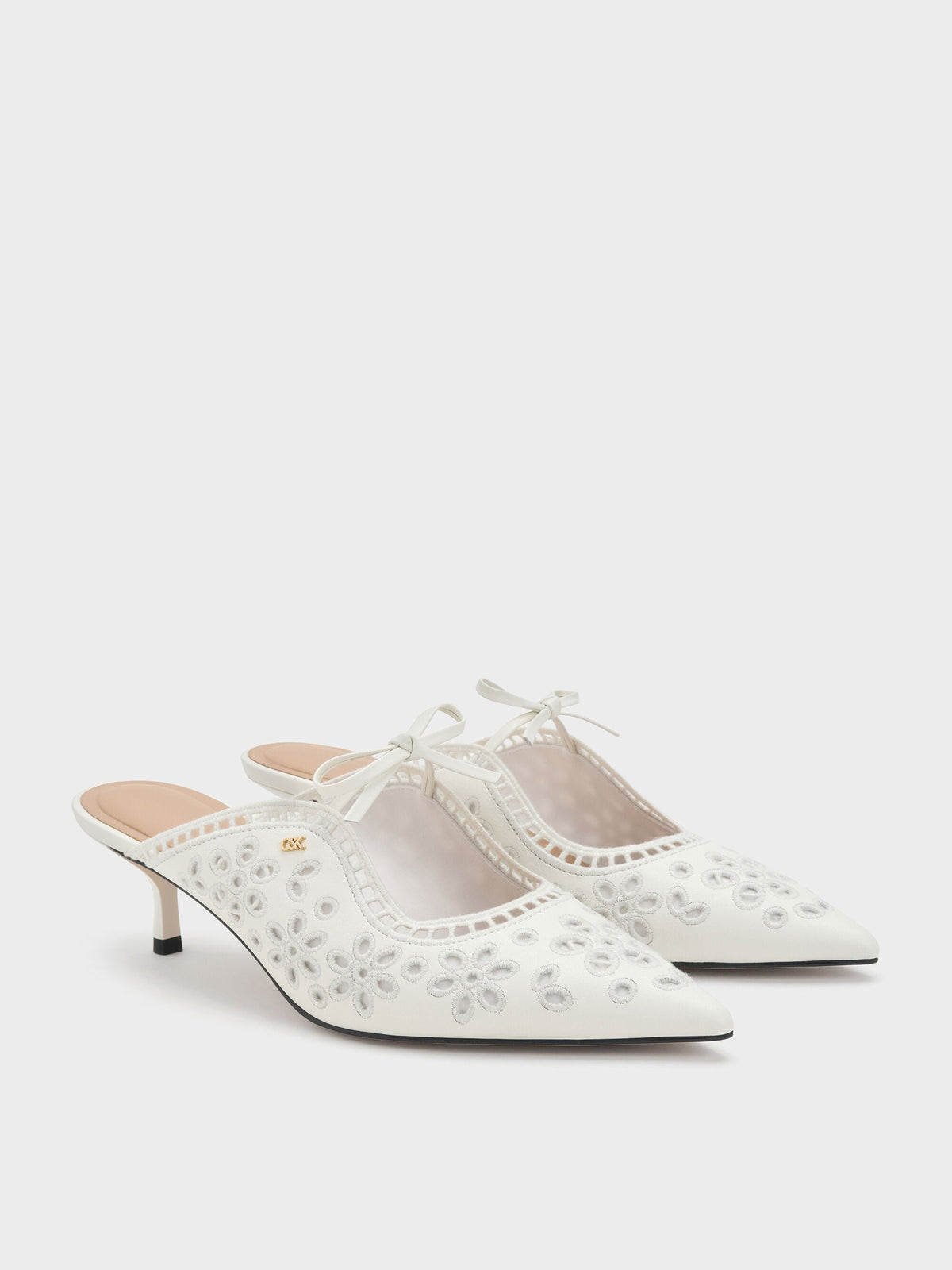 CHARLES & KEITH Hot Sale / Leather Embroidered Heeled Mules - White