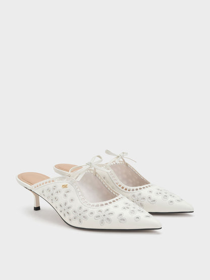 CHARLES & KEITH Hot Sale / Leather Embroidered Heeled Mules - White