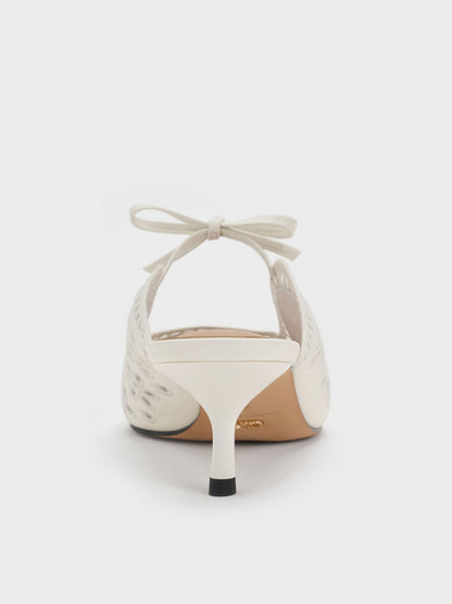 CHARLES & KEITH Hot Sale / Leather Embroidered Heeled Mules - White