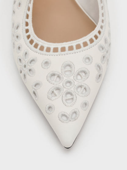 CHARLES & KEITH Hot Sale / Leather Embroidered Heeled Mules - White