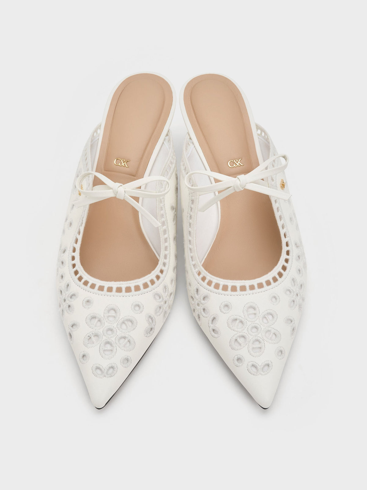 CHARLES & KEITH Hot Sale / Leather Embroidered Heeled Mules - White
