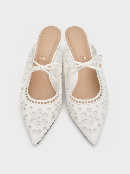 CHARLES & KEITH Hot Sale / Leather Embroidered Heeled Mules - White