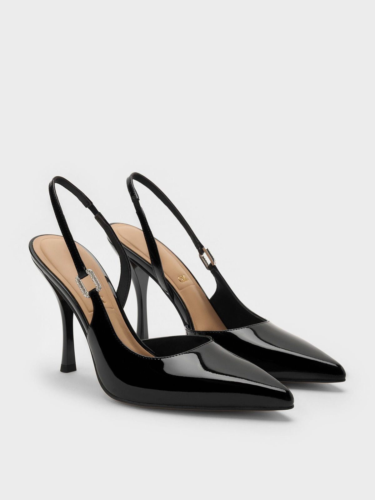 CHARLES & KEITH Hot Sale / Patent Leather Crystal-Buckle Slingback Pumps - Black Patent