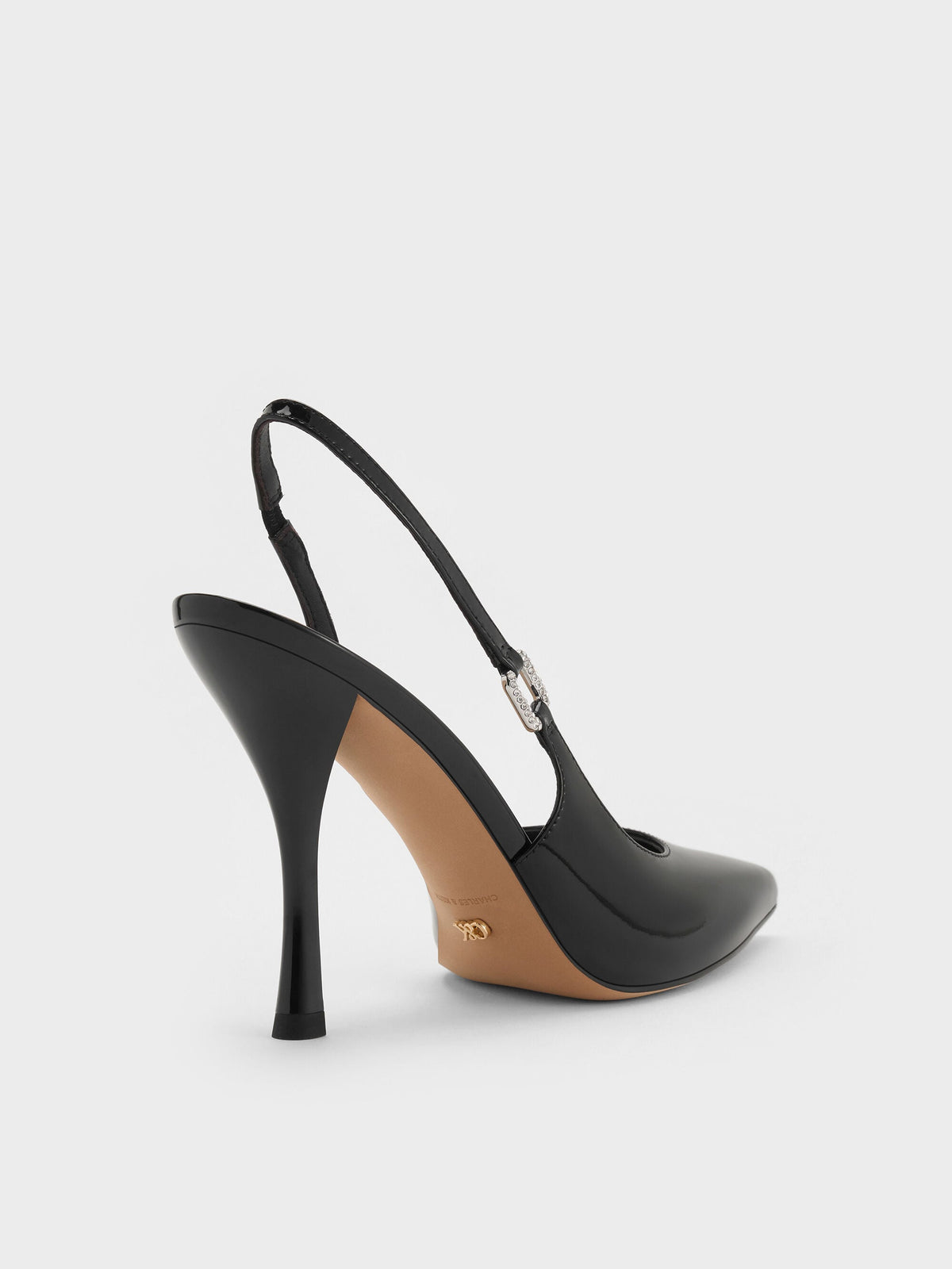 CHARLES & KEITH Hot Sale / Patent Leather Crystal-Buckle Slingback Pumps - Black Patent