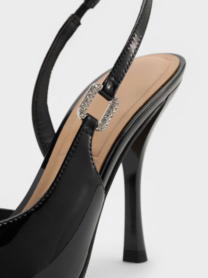 CHARLES & KEITH Hot Sale / Patent Leather Crystal-Buckle Slingback Pumps - Black Patent