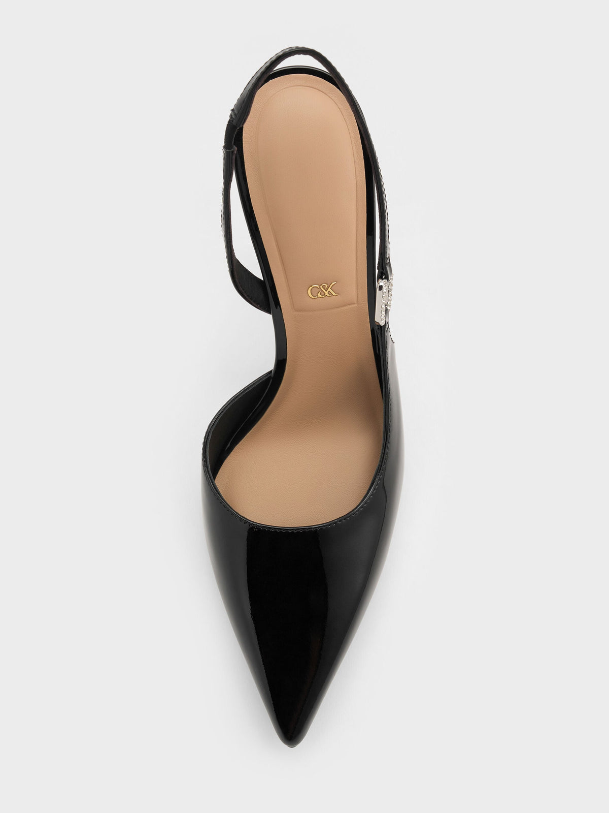 CHARLES & KEITH Hot Sale / Patent Leather Crystal-Buckle Slingback Pumps - Black Patent