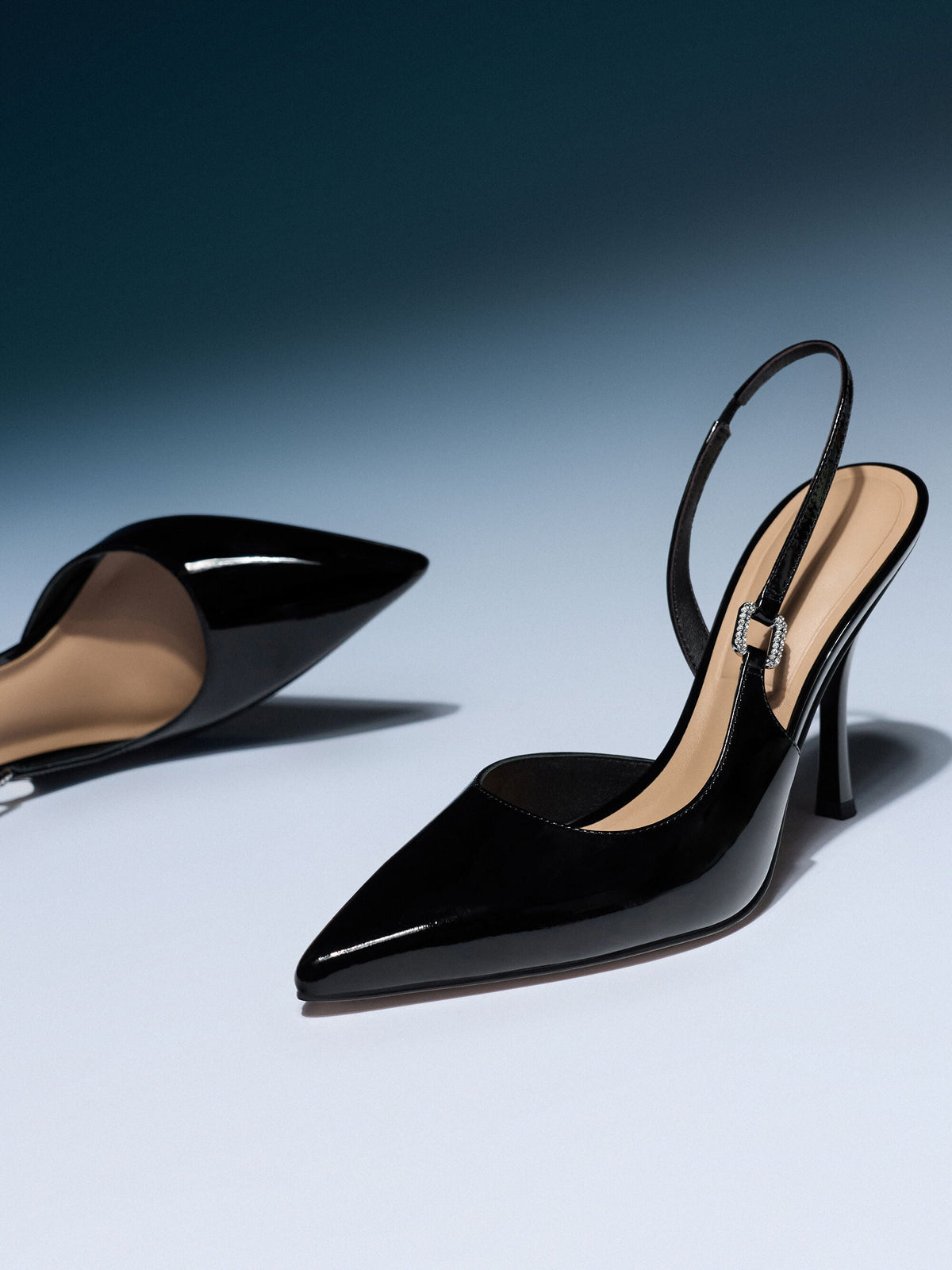 CHARLES & KEITH Hot Sale / Patent Leather Crystal-Buckle Slingback Pumps - Black Patent