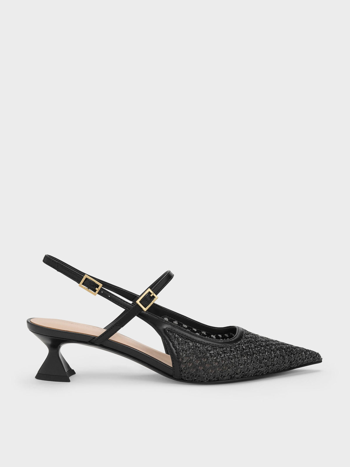 CHARLES & KEITH Sale / Raffia Sculptural-Heel Slingback Pumps - Black Textured