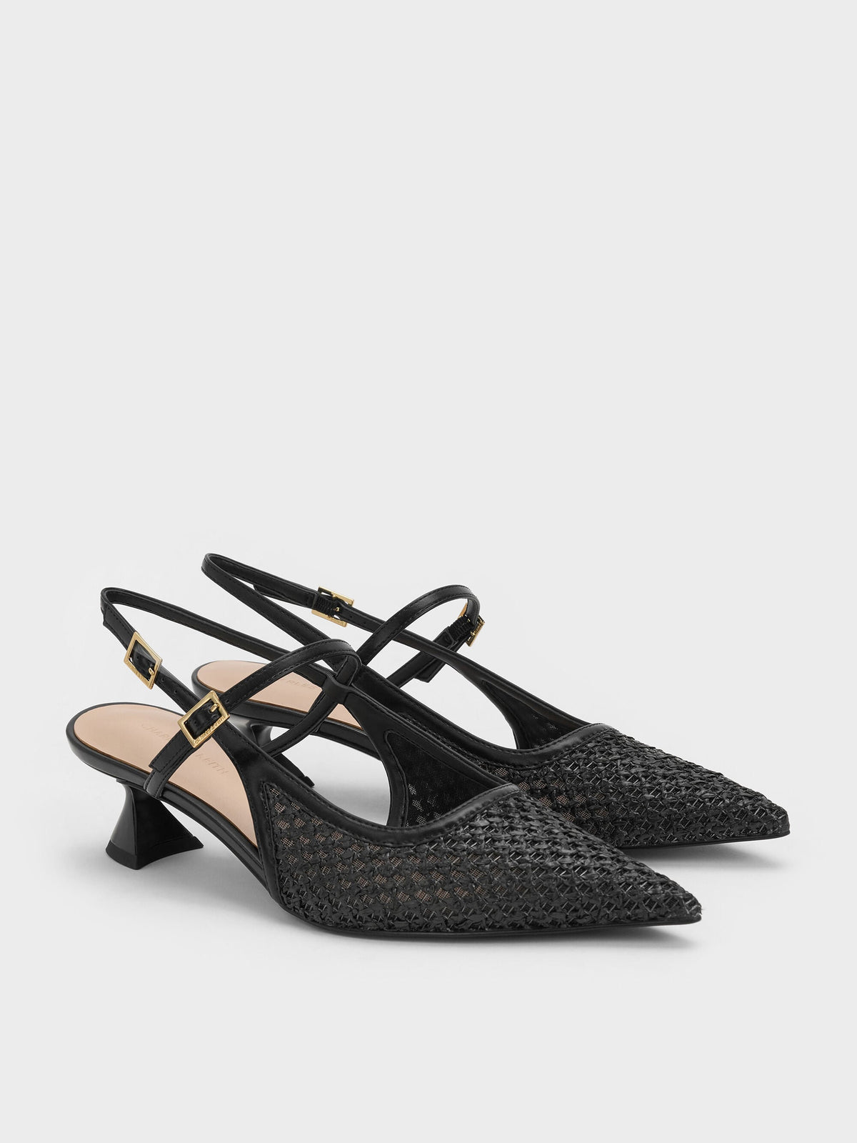 CHARLES & KEITH Sale / Raffia Sculptural-Heel Slingback Pumps - Black Textured