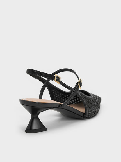 CHARLES & KEITH Sale / Raffia Sculptural-Heel Slingback Pumps - Black Textured