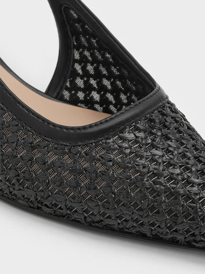 CHARLES & KEITH Sale / Raffia Sculptural-Heel Slingback Pumps - Black Textured
