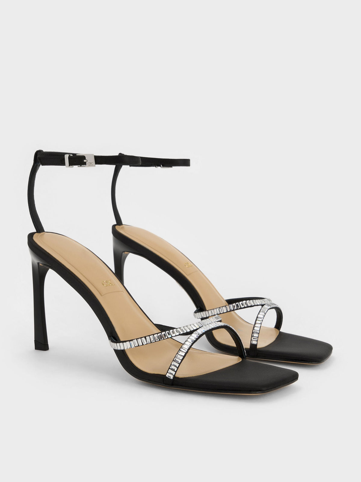 CHARLES & KEITH Essential / Jaylene Gem Stiletto Sandals - Black Textured
